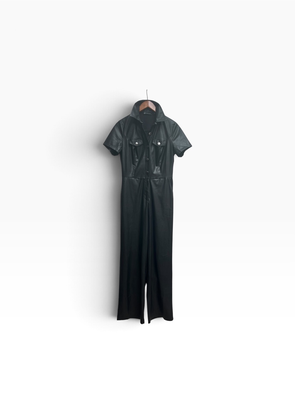 New York & Company Black Faux Leather Short-Sleeve Jumpsuit